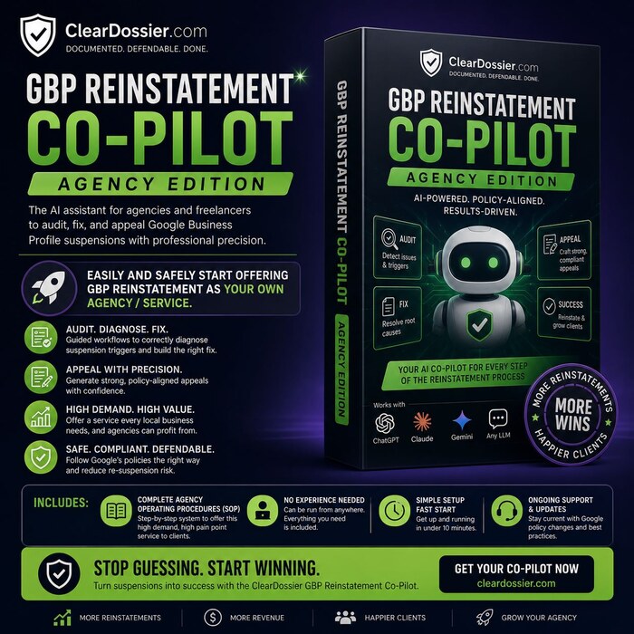 GBP Reinstatement Co-Pilot Agency Edition cover, AI assistant for Google Business Profile reinstatement cases